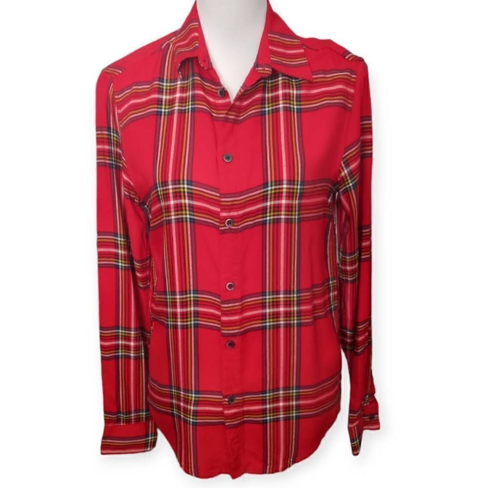 H&M RED PLAID BUTTON DOWN SHIRT SZ.XS EUC